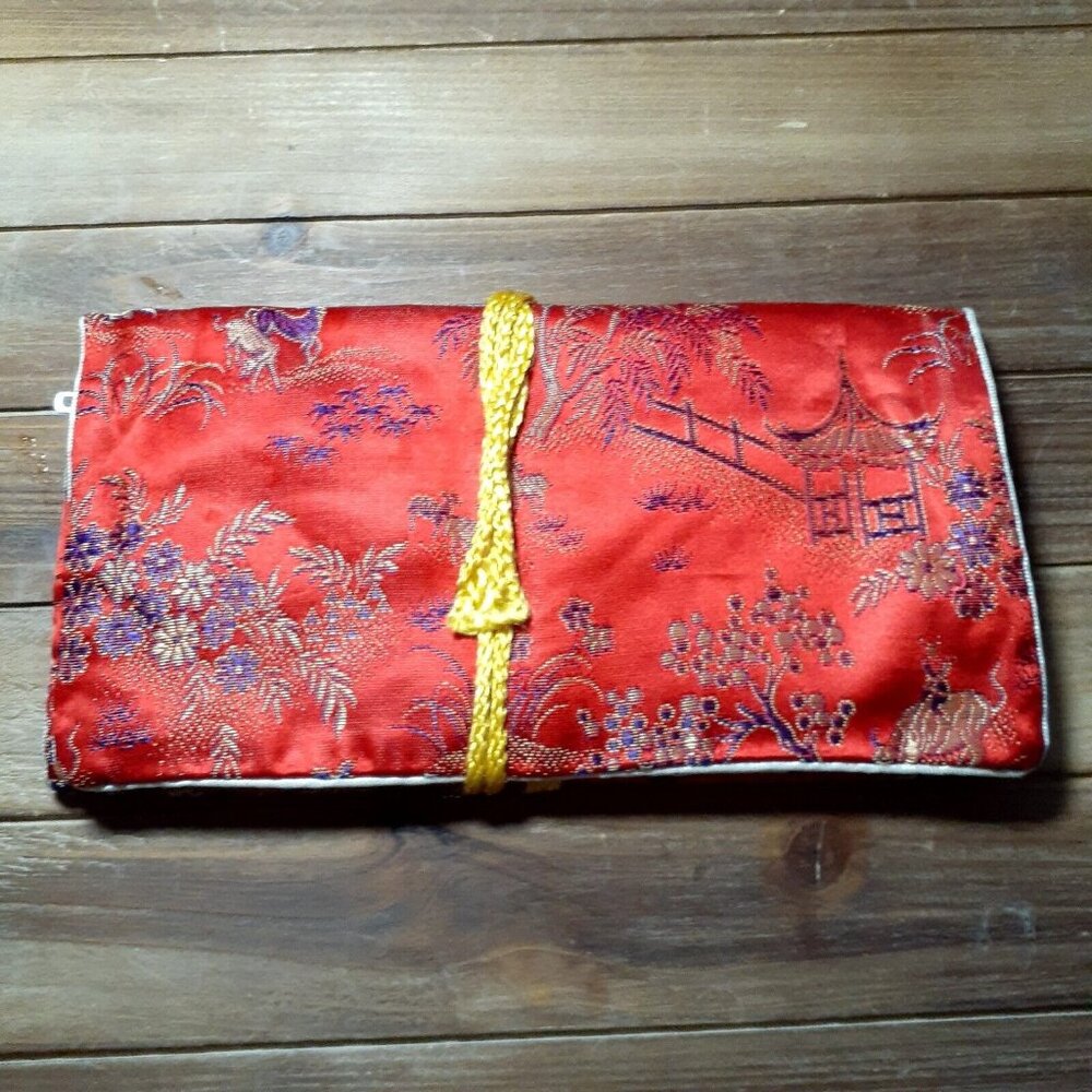 Asian Satin Silk Travel Jewelry Roll Zippered Compartments Pouch Storage Red